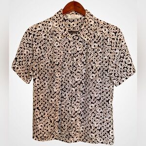 Impressions Black Tan ButtonUp Blouse Short Sleeve, Concentric Circle Pattern LP